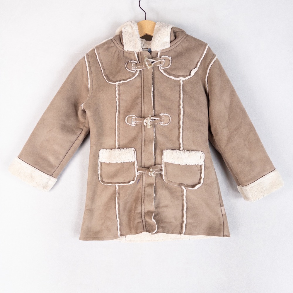 Pumpkin Patch Girls Faux Suede Duffle Coat Size 6 Tan Brown Faux Shearling Lined